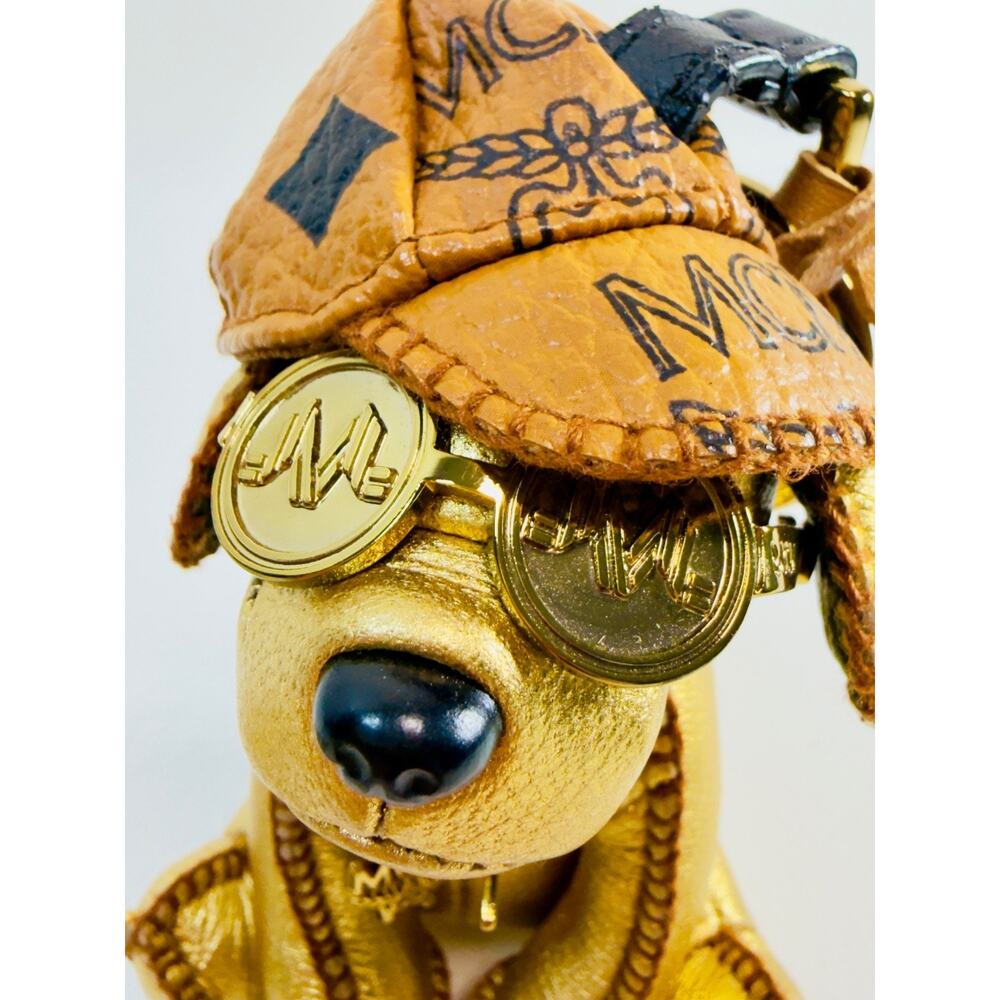 MCM Metallic Gold Dog Charm Key Ring Hiphop Visetos Hat Sunglasses Chain Rare - Picture 8 of 9